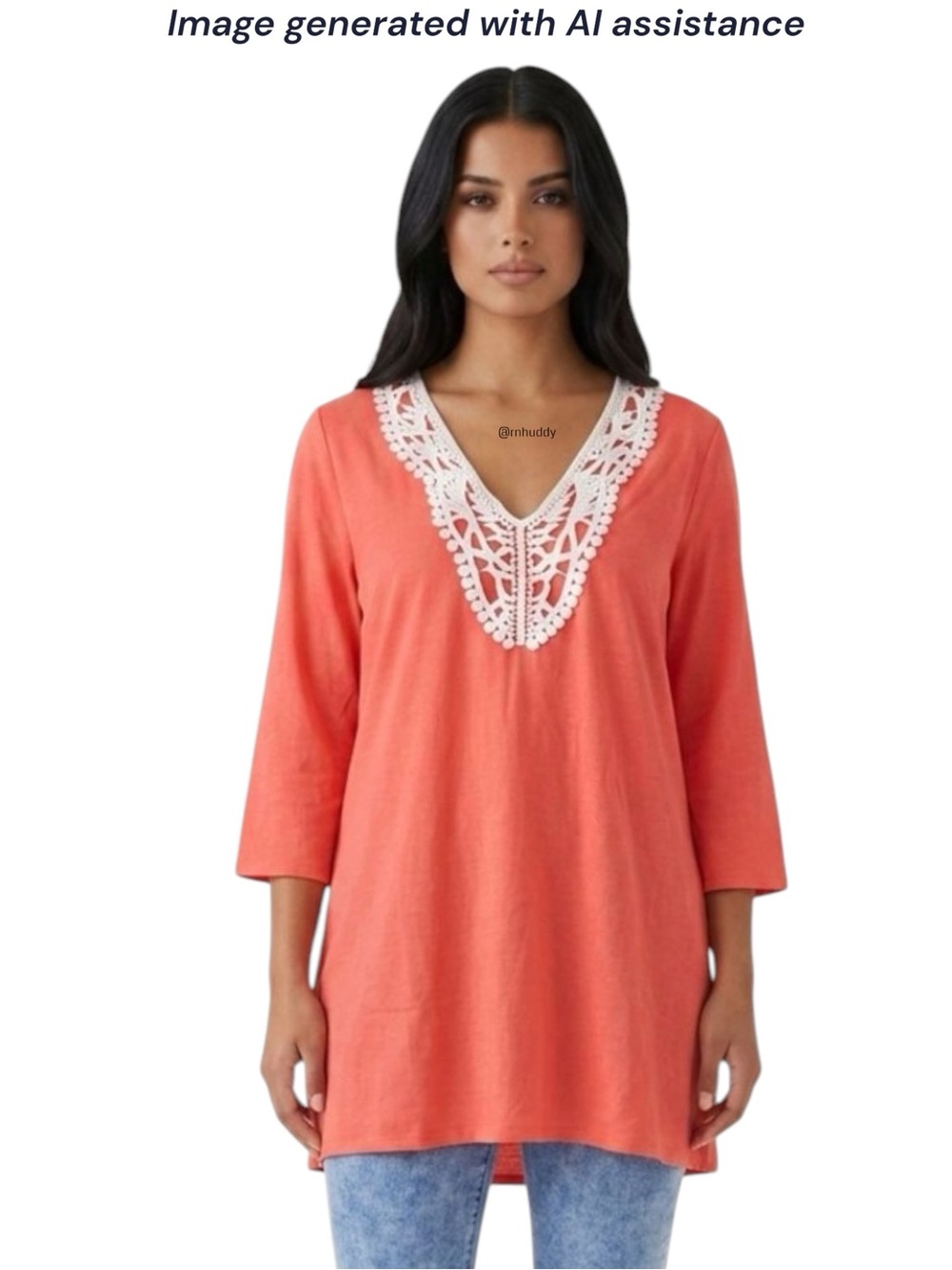 Premise XXL coral 3/4 sleeve crochet trim linen blend tunic